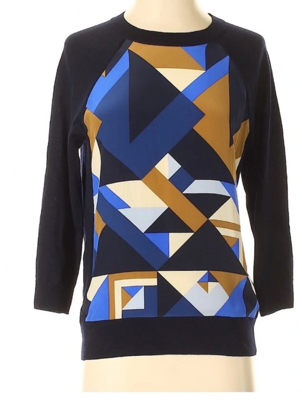 J. Crew long sleeve navy blue w Geometric design front merino wool/Silk sweater